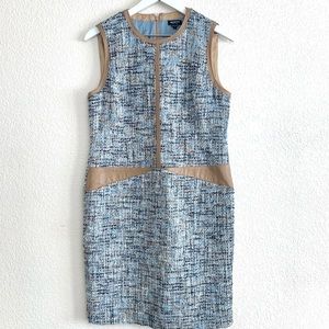 Worth Blue Tweed Leather Trim Sheath Dress